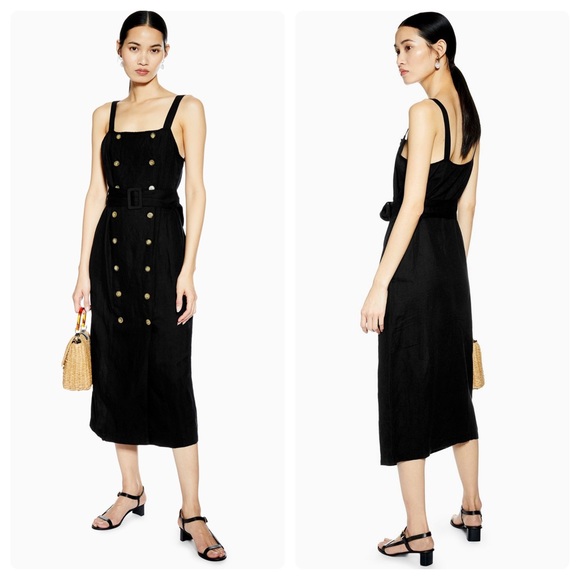 NWT Topshop Black Linen Midi Dress Button Down, 8 - Picture 1 of 6